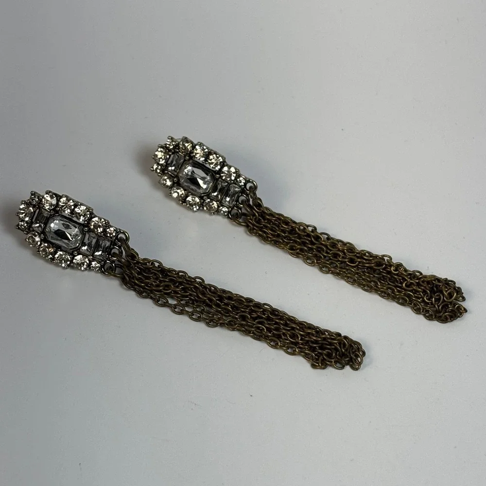 Crystal Rhinestone Drop Earrings‎ Brass Tone Multi Chain Fringe Statement